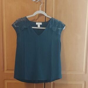 LOFT Petite Dark Green Blouse with Cap Sleeves XSP